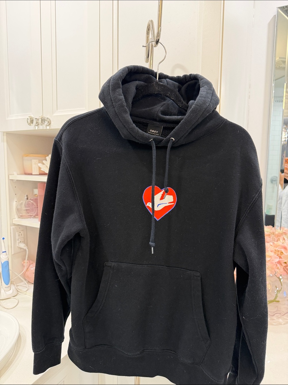 Obey Black Crewneck Hoodie with Red Heart Logo